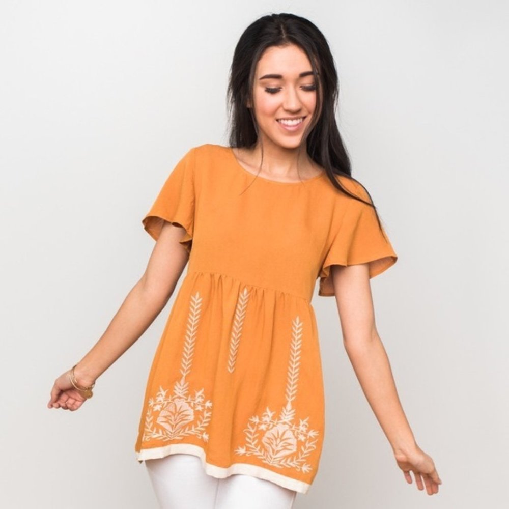 Jane & Janie ochre embroidered babydoll blouse